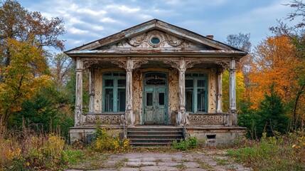 Exterior view of a weathered wooden building in autumnal foliage.