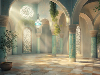 arched hallway, architectural arches, soft lighting, hanging lanterns, winter ambiance, elegant corridor, fantasy architecture, dreamy interior, serene scene, watercolor style, vaulted ceiling