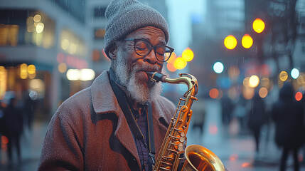 Street musician playing saxophone in city