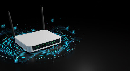 A white wireless router with two antennas surrounded by blue digital network icons on black background