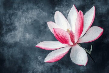 Close-up of a magnolia flower on a textured dark background.