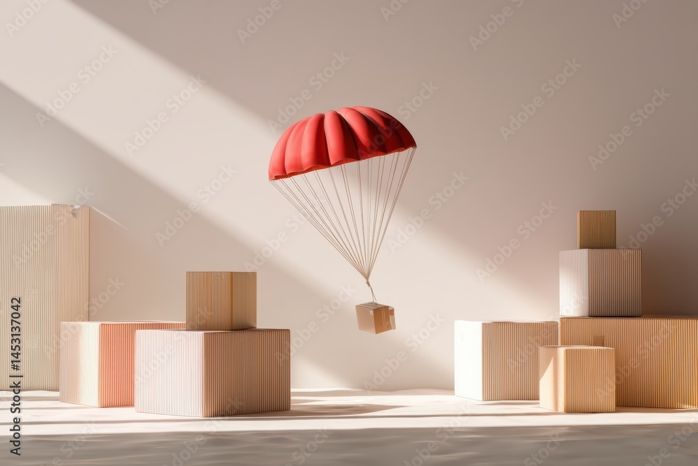 Aufkleber Minimalist Design of a Package Gracefully Descending With a Red Parachute in a Bright Indoor Setting Generative AI