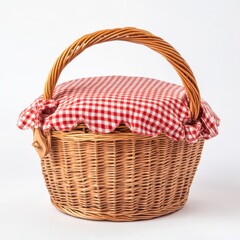 Wicker picnic basket with checkered cloth cover on white background