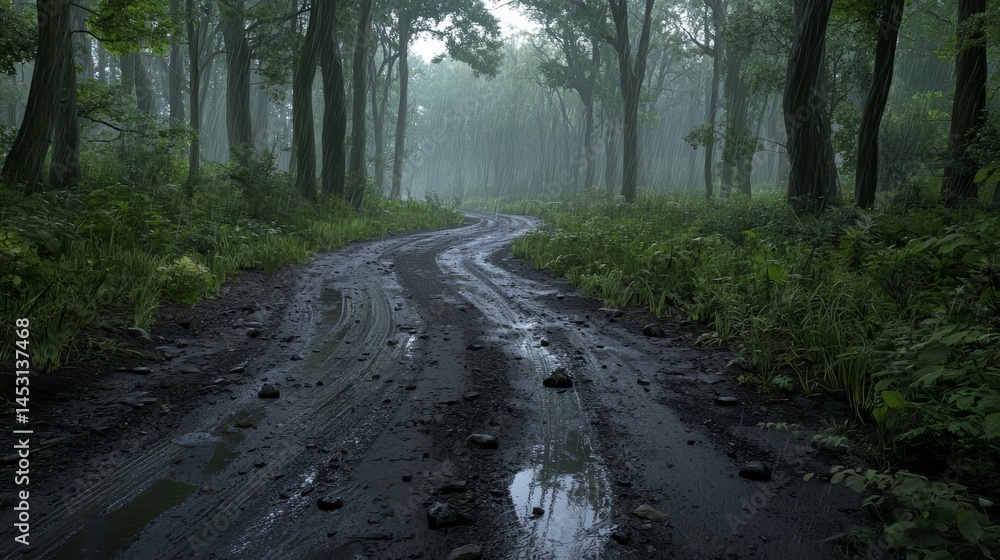 Poster road in a forest is wet and muddy. the trees are tall and the sky is cloudy