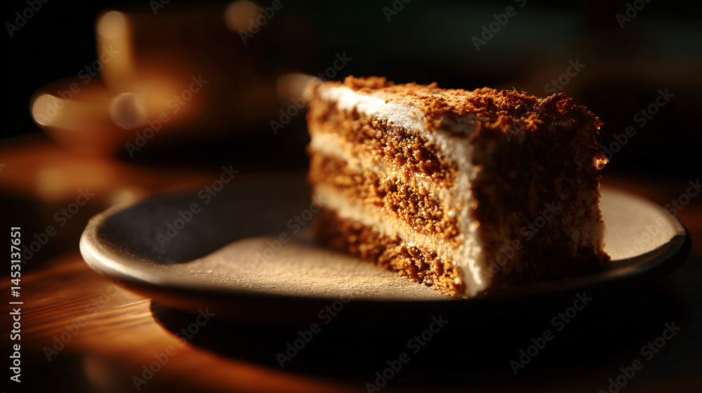 Poster a slice of delicious layered cake served on a simple plate, highlighting its robust and receive text