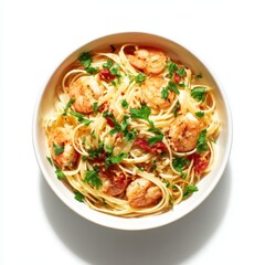 Shrimp pasta with parsley isolated on white background
