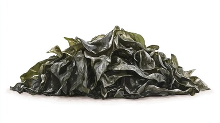 Pile of dark green seaweed, layered and textured, against a white background