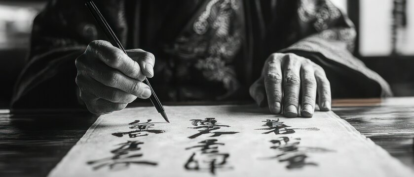 Calligrapher practices Chinese calligraphy, meticulously writing symbols on a scroll with precise strokes.