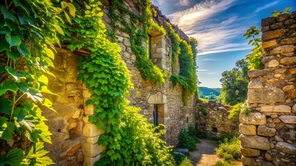 Ancient Castle Ruins Overgrown with Lush Green Vines - Stock Photo