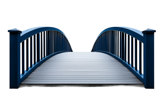 A wooden arch bridge with blue railings leading into the unknown. The bridge is on a white background. It's a perfect image for representing new beginnings, possibilities, and the journey ahead.