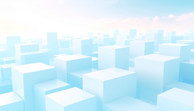 Pastel Blue Cityscape at Sunset: Abstract Geometric Blocks and Soft Clouds