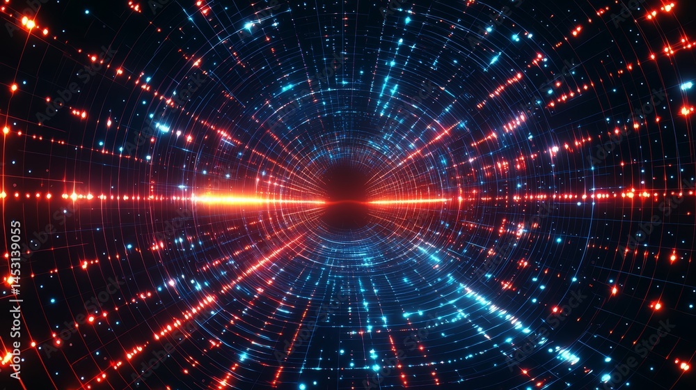 Poster spiral of lights with a red and blue center. the lights are in a pattern and are very bright