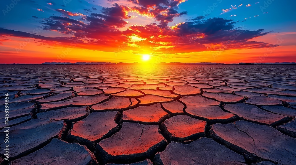 Poster sunset over a desert landscape with a large body of water in the background. the sky is filled with 