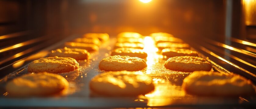 Cookies bake inside oven on tray, radiating golden warmth.