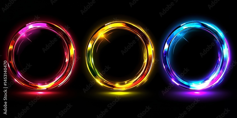 Aufkleber Three colorful ovals are lit up in the dark. The ovals are bright and colorful, and they seem to be glowing in the dark. The ovals are arranged in a row