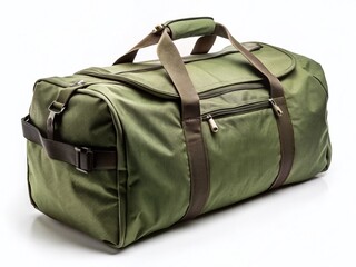 Naklejka premium Army Green Duffel Bag Isolated on White Background - Stock Photo