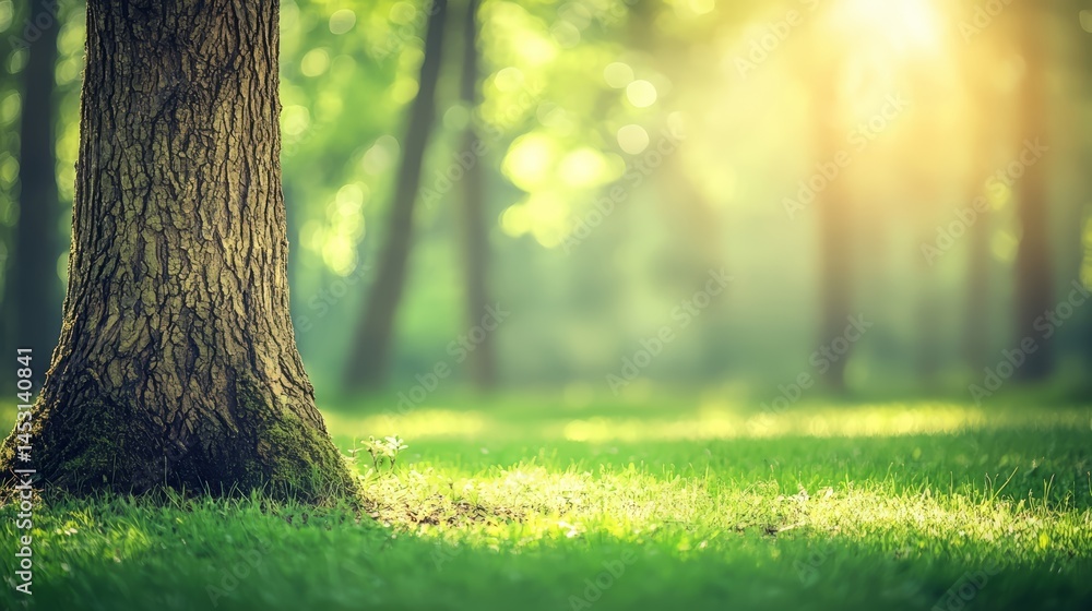 Aufkleber tree trunk is in the foreground of a lush green field. the sun is shining brightly, casting a warm g
