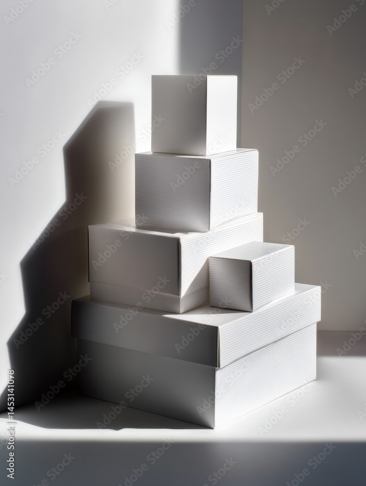 Poster Stacked White Packaging Boxes Creating Shadows in Clean Studio Setting Generative AI