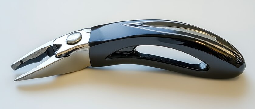 Oyster shucker, featuring stainless steel blade, stands poised on surface, embodying culinary precision.