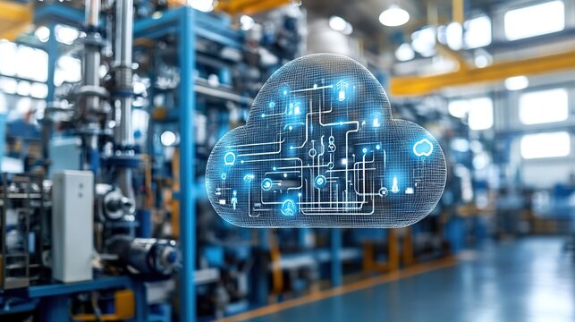 Industrial cloud computing concept.  Automated factory processes connected to a digital cloud, with various machine icons displayed