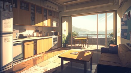 A sunny apartment interior featuring a kitchen and ocean view