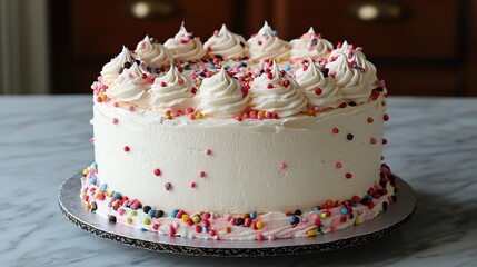 Round cake with white frosting, colorful sprinkles, and swirls