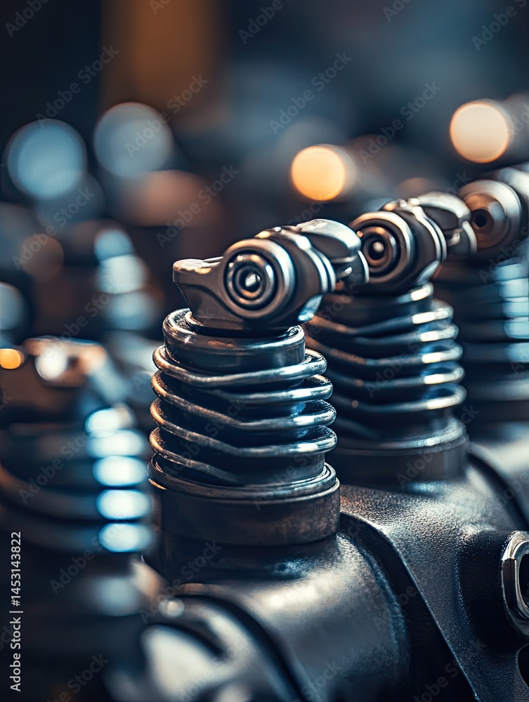 Poster close-up of metallic engine components featuring valves and springs with a shallow depth of field a 