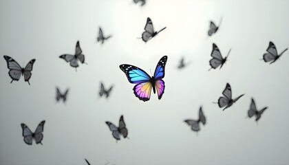 Fototapeta premium Single glowing neon butterfly flying apart from monochrome butterflies, visual metaphor for freedom, diversity, autism and neurodiverse identity