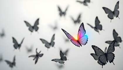 Fototapeta premium Single glowing neon butterfly flying apart from monochrome butterflies, visual metaphor for freedom, diversity, autism and neurodiverse identity