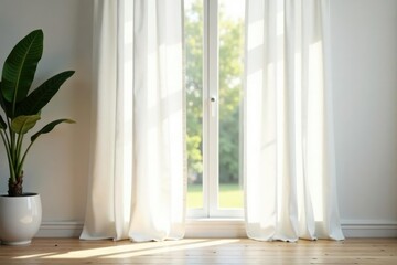 Simple, crisp white linen curtains, soft natural light, studio, texture, material