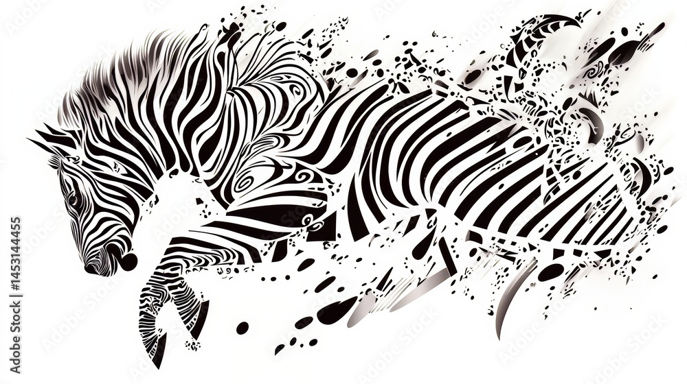 Poster Zebra is depicted in a black and white drawing with a splash of color. The zebra is leaping through the air, creating a sense of motion and energy