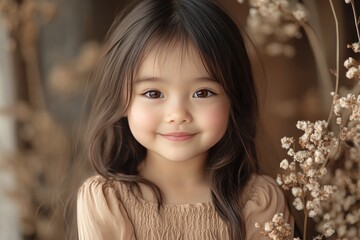 Fototapeta premium Adorable Little Girl with Long Brown Hair in a Beige Dress