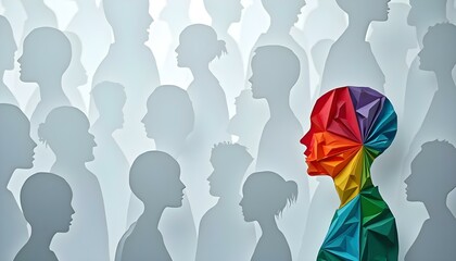 One colorful paper head silhouette among gray profiles, conceptual image for autism and neurodiversity inclusion awareness
