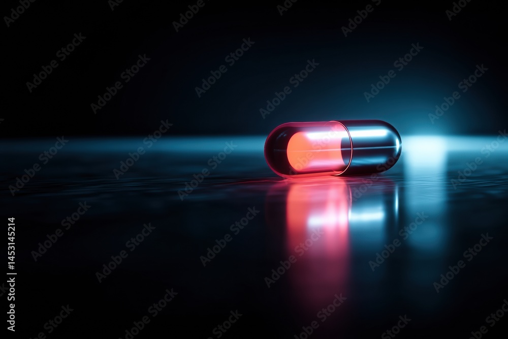 Poster Glowing Pill Illuminated in a Dark Sterile Environment With Reflections on a Smooth Surface Generative AI