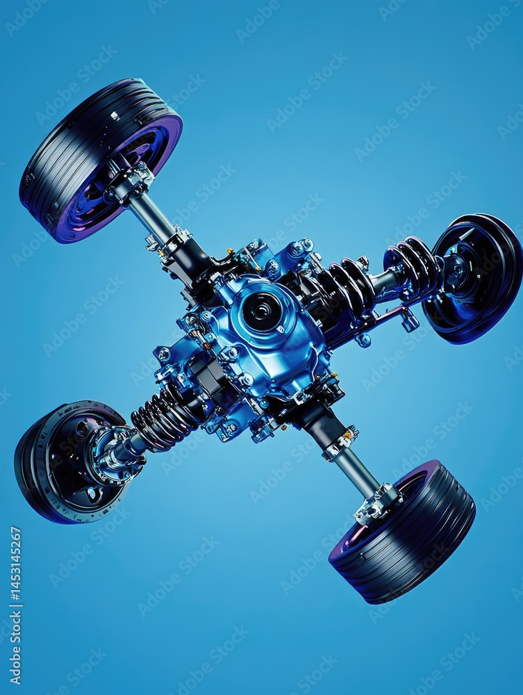 Poster detailed view of an automotive component featuring wheels axles and mechanical parts against a gradi