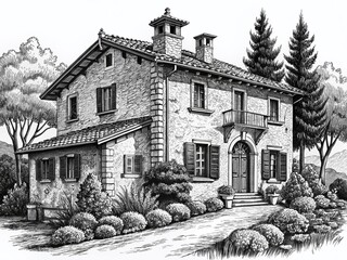 Black and White Illustration: Vintage Italian Country Villa, Rural European House, Old House Sketch