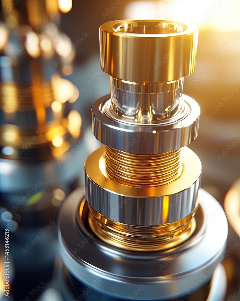 Poster close up of metallic machine parts with focus on golden and silver elements and details. bright illu