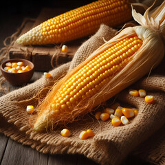 Fresh Corn on the Cob with Husk on Burlap Sack