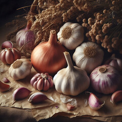 Rustic Still Life of Garlic, Onion, and Dried Herbs