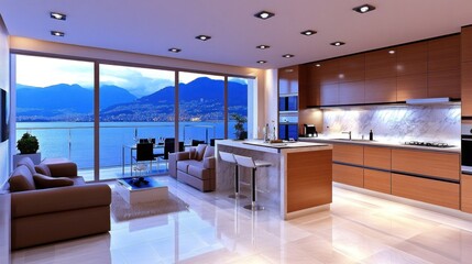 A modern luxurious kitchen and living room area with scenic views