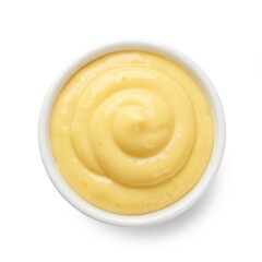 Bowl of sauce, top view, close up on white background