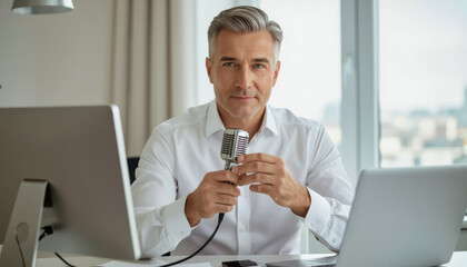 A mature man with graying hair speaks into a vintage microphone while seated at a modern desk with a computer and laptop.