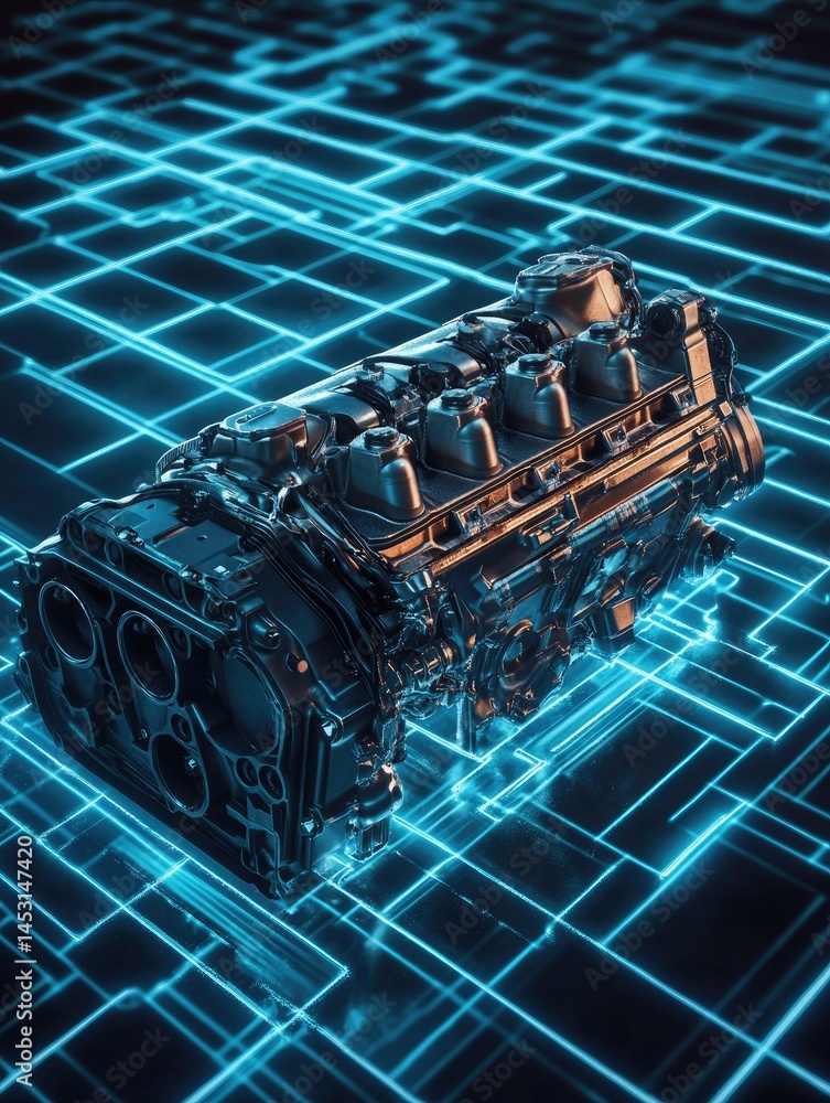 Poster detailed view of a complex mechanical engine model with glowing blue grid lines. metallic components