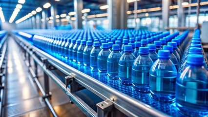 Obraz premium Blue Water Bottle Production Line: Conveyor Belt with Caps, Bokeh Effect