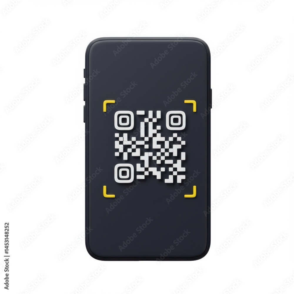 Poster 3d dark phone with qr code displayed on white background