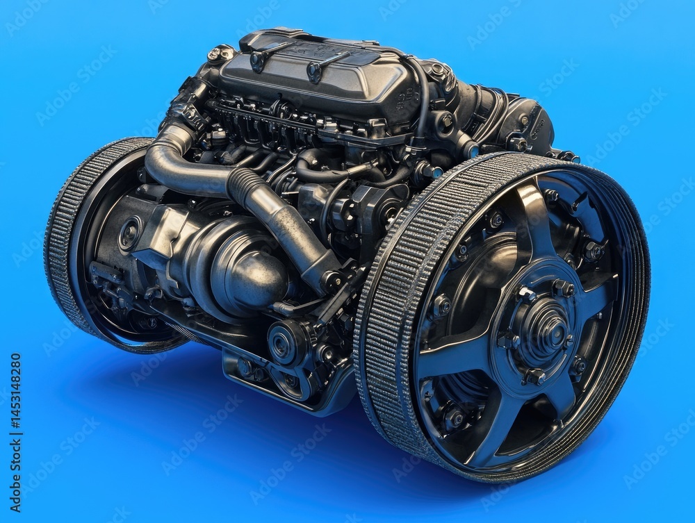 Poster detailed render of a complex engine assembly showcasing mechanical components and metallic textures 