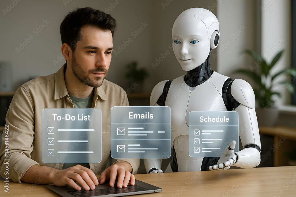 Poster a caucasian man sits beside a white humanoid robot as a transparent task list hovers before them. co