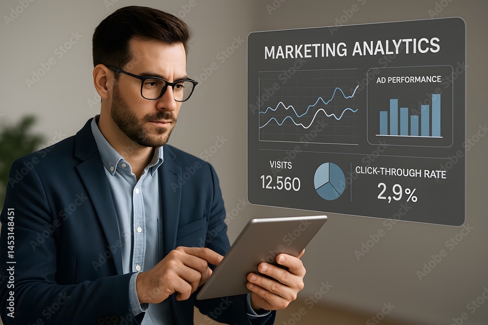 Poster a caucasian marketing manager holds a tablet while floating “marketing analytics” charts appear besi