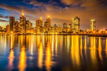 Naklejka premium Calm Coastal Night: Urban Skyline & Serene Waters - Stock Photo