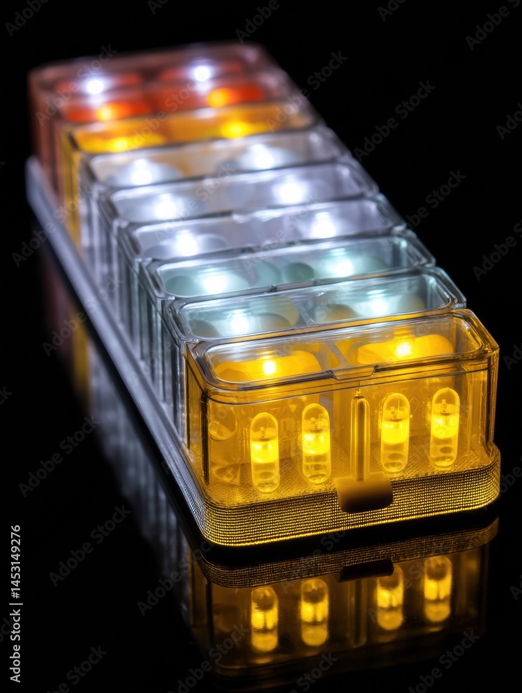 Poster Bright Illuminated Pill Pack With Empty and Taken Slots Showcasing Medication Management During Nighttime Hours Generative AI